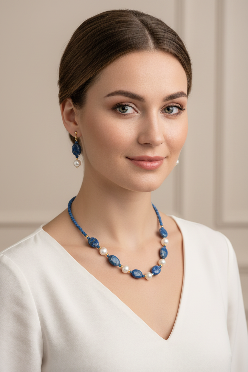 Ensemble Lapis-Lazuli & Perles – Style Baroque – Argent 925 Doré