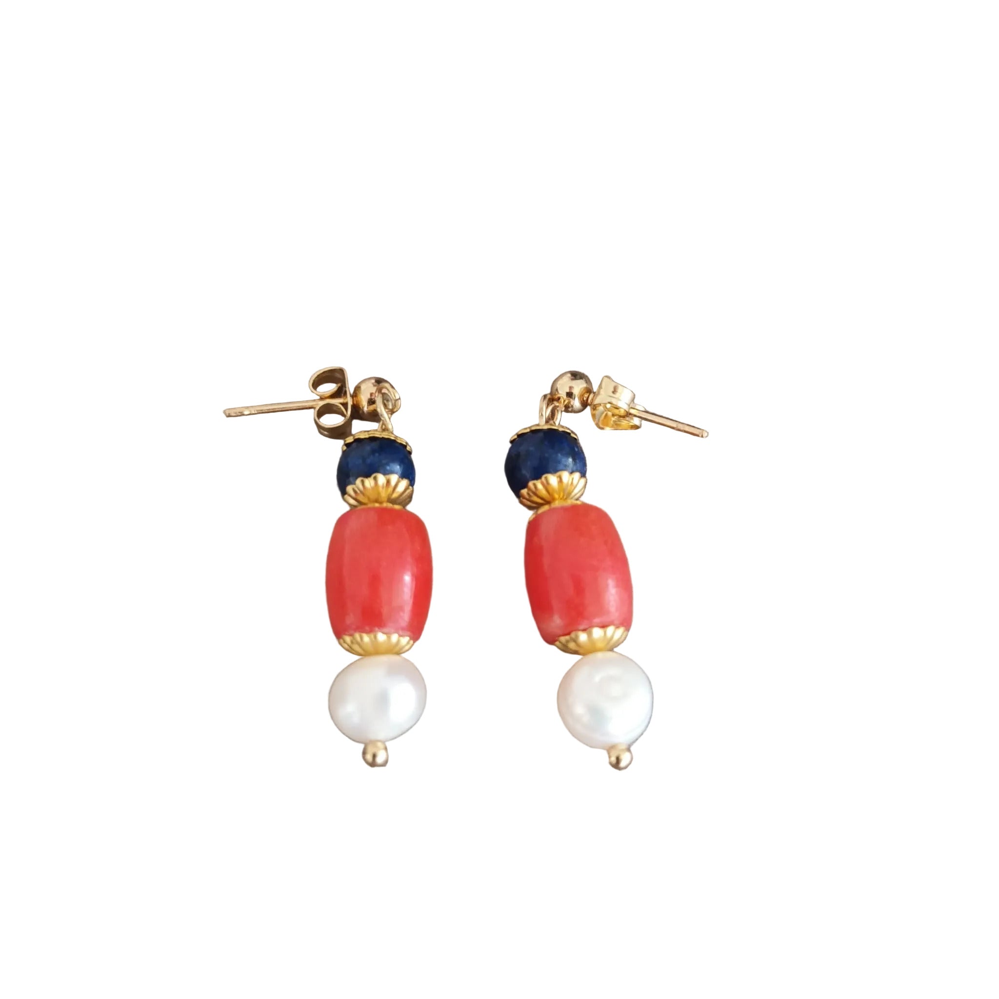 Boucles D’Oreilles - Lapis-Lazuli, Agate Corail & Perle - Acier Inoxydable & Plaqué Or