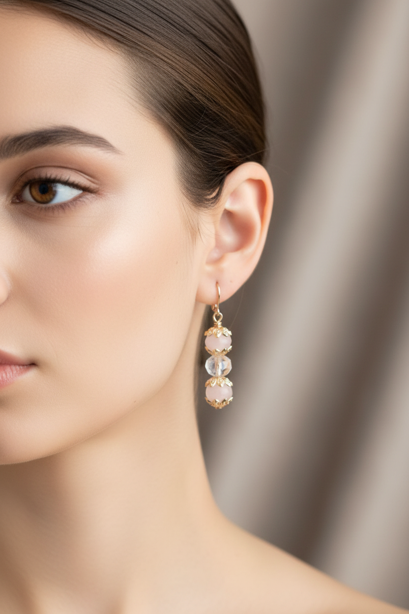 Boucles D’Oreilles - Quartz Rose & Cristal - Plaqué Or Rose