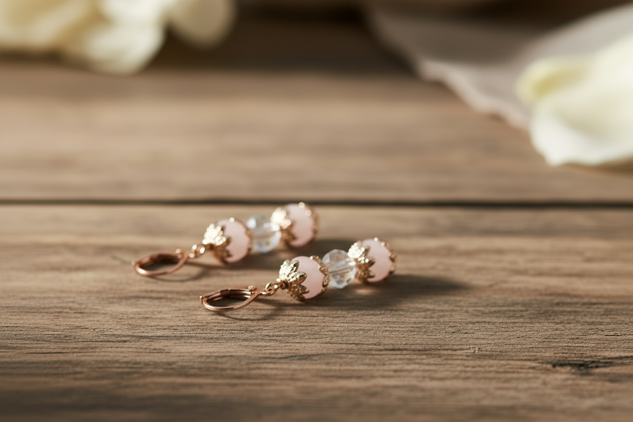 Pair of earrings with pink and gold accents on a wooden surface