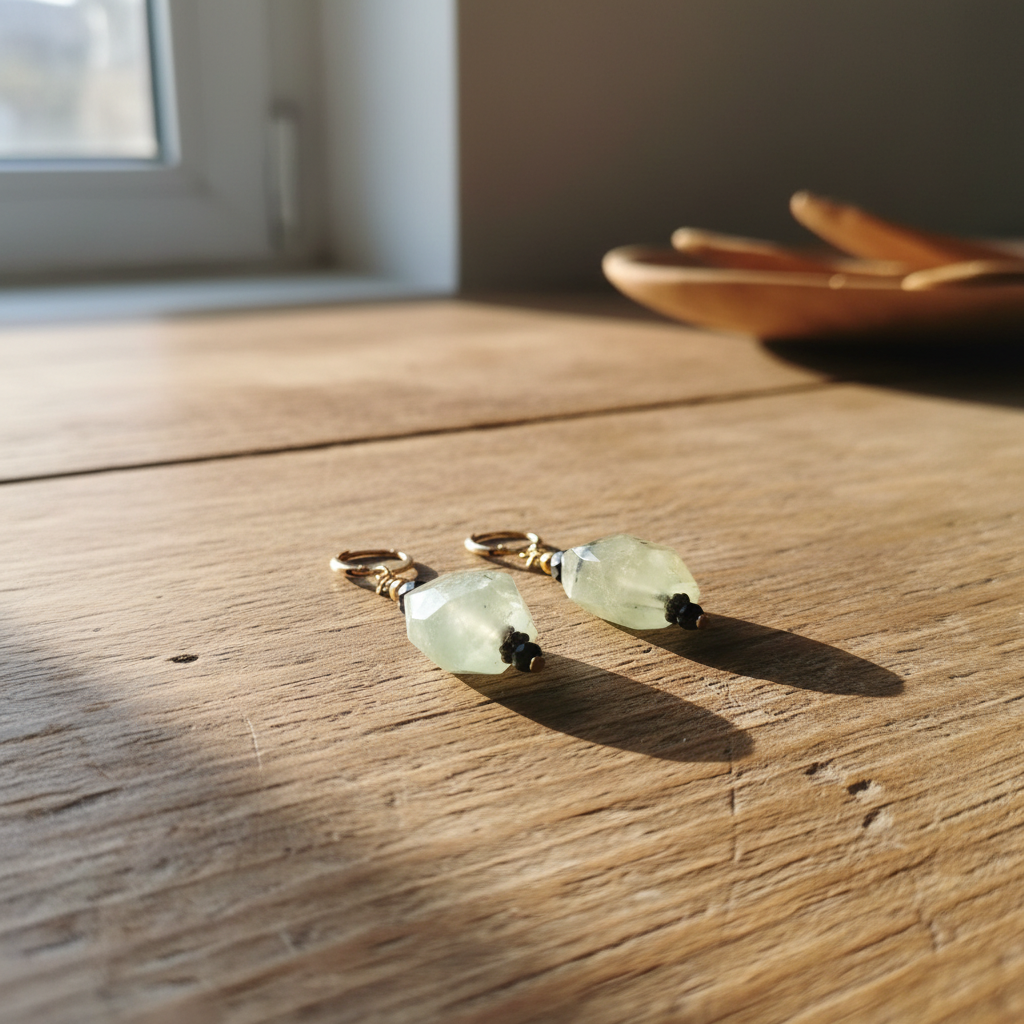 Pair of light green gemstone earrings on a wooden surface with a blurred background