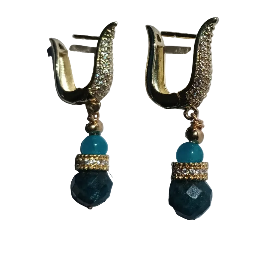 Boucles D'oreilles Apatite Bleue & Zirconium – Argent Plaqué Or 18k