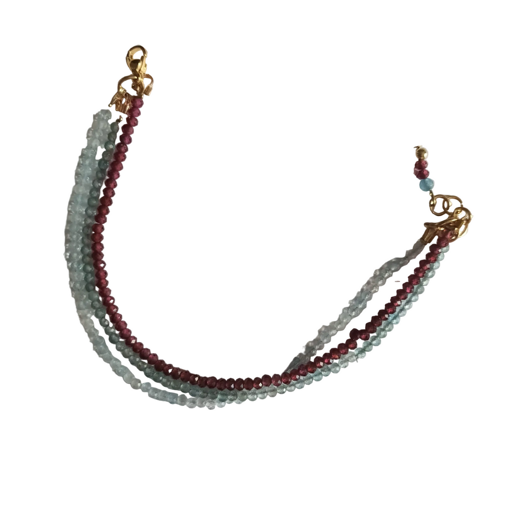 Collection Mosaïque De Gemmes - Bracelet 3 Rangs Apatite, Aigue-Marine, Grenat & Acier Inoxydable Plaqué Or