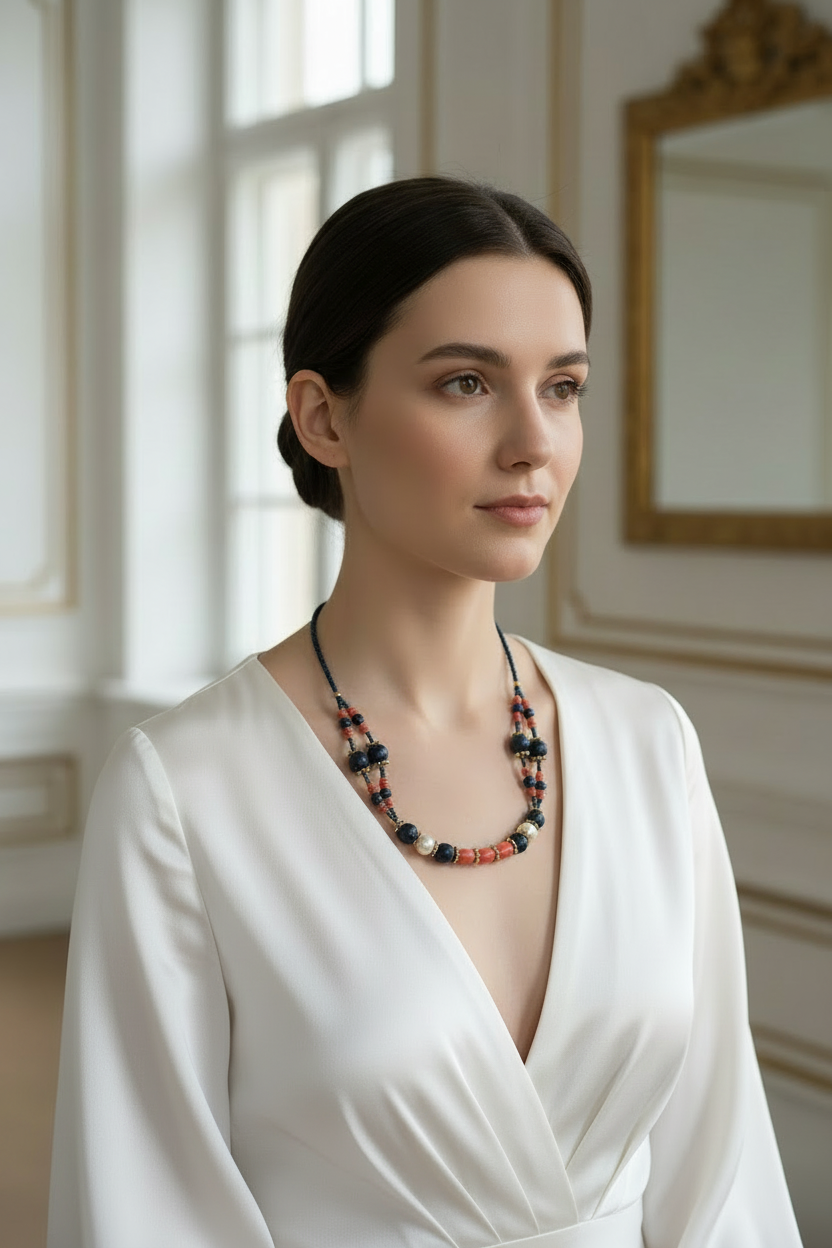 Collection Gemmes Du Sud - Collier Lapis Lazuli, Corail & Perles – Acier Inoxydable Plaqué Or
