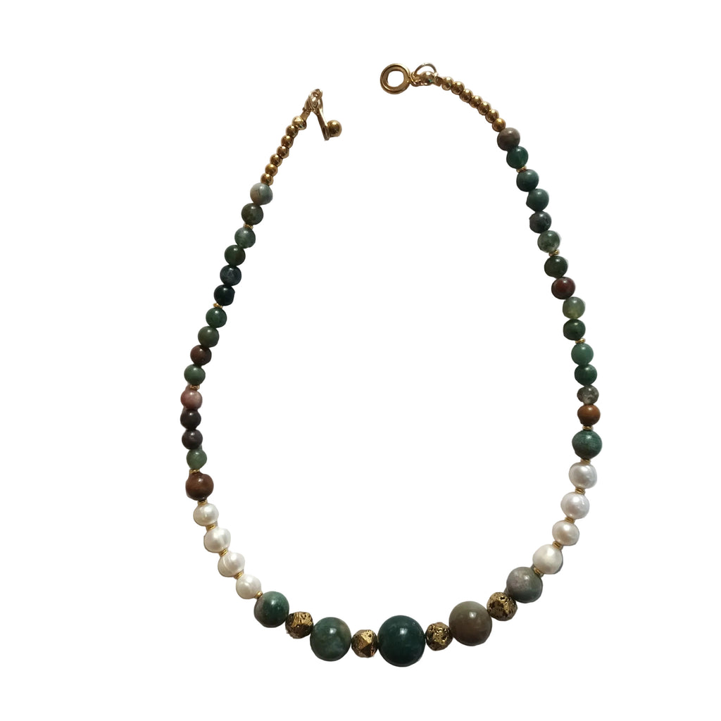 Collier "India" en Agates Indiennes, Perles d'Eau Douce & Acier Inox Or