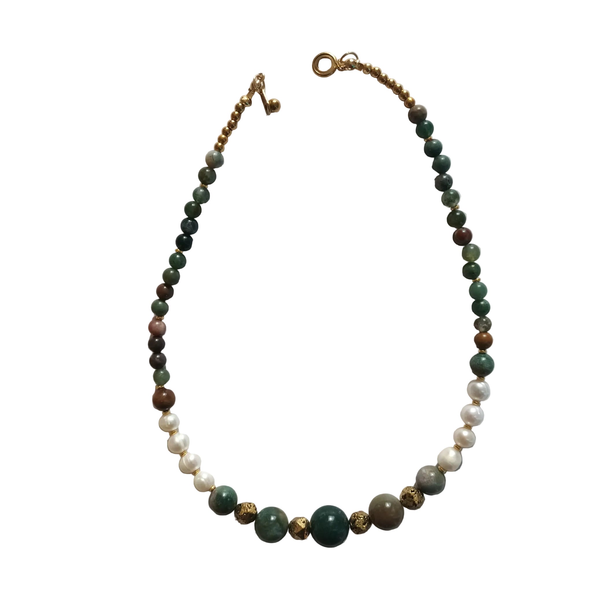 Collier "India" en Agates Indiennes, Perles d'Eau Douce & Acier Inox Or