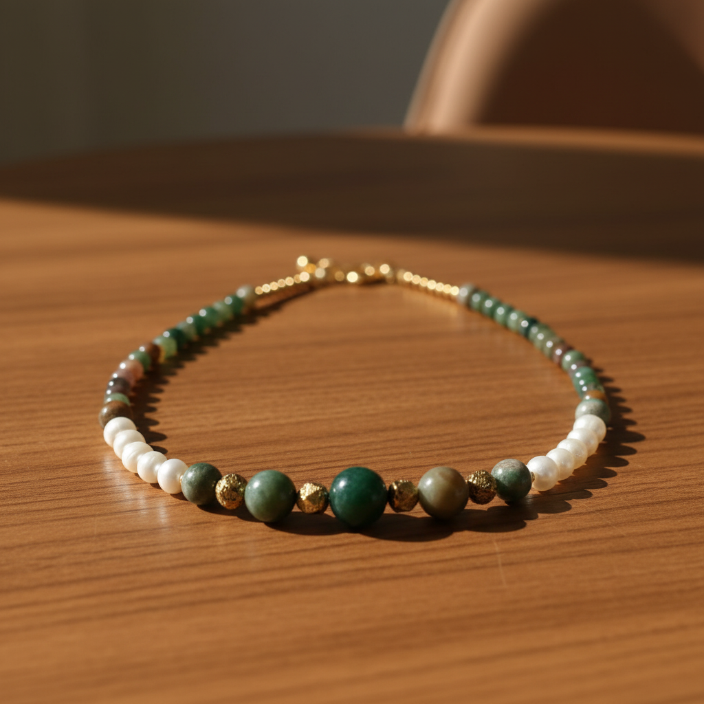 Collier "India" en Agates Indiennes, Perles d'Eau Douce & Acier Inox Or