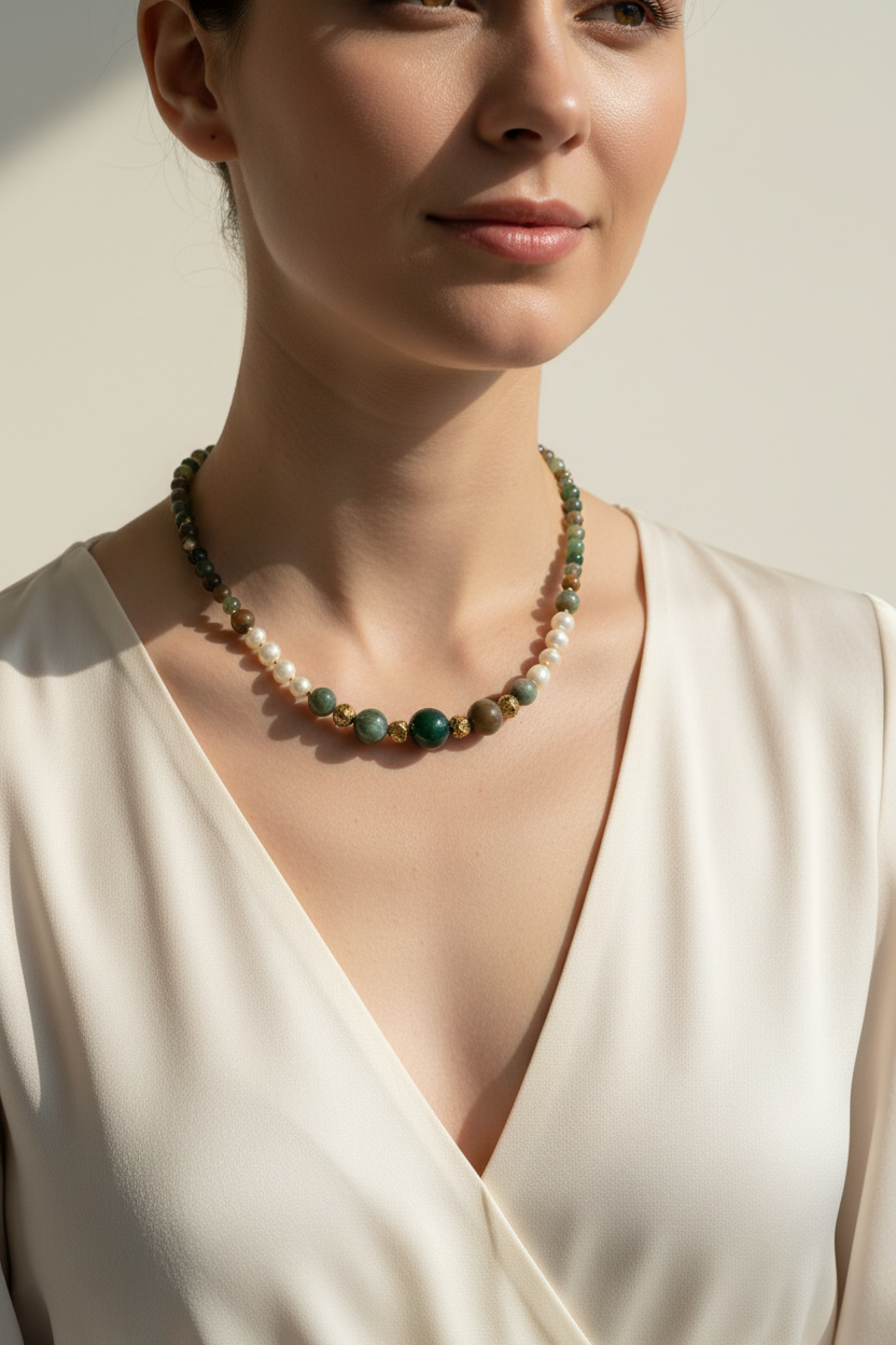 Collier "India" en Agates Indiennes, Perles d'Eau Douce & Acier Inox Or