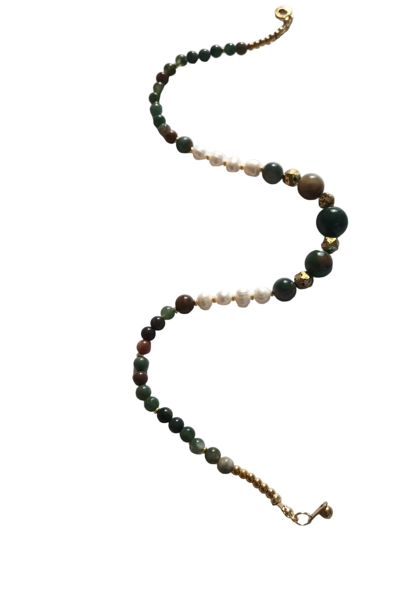 Collier "India" en Agates Indiennes, Perles d'Eau Douce & Acier Inox Or