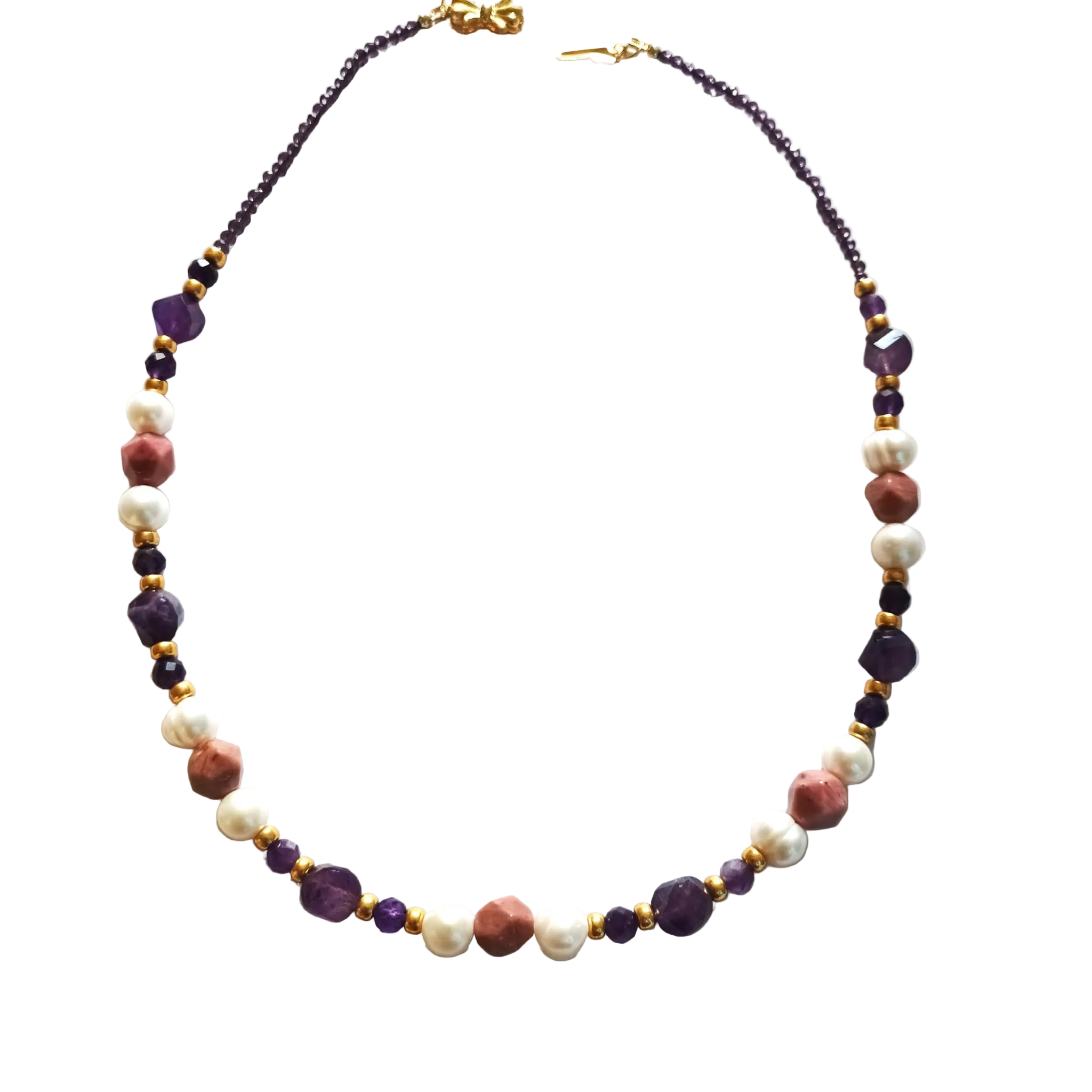 Collection Gemmes Éclatantes - Collier Améthyste, Rhodocrosite & Perles – Alliage Plaqué Or