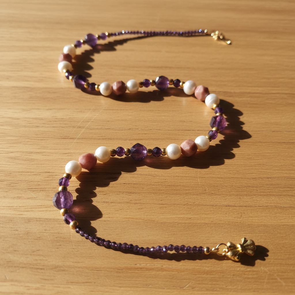 Collection Gemmes Éclatantes - Collier Améthyste, Rhodocrosite & Perles – Alliage Plaqué Or