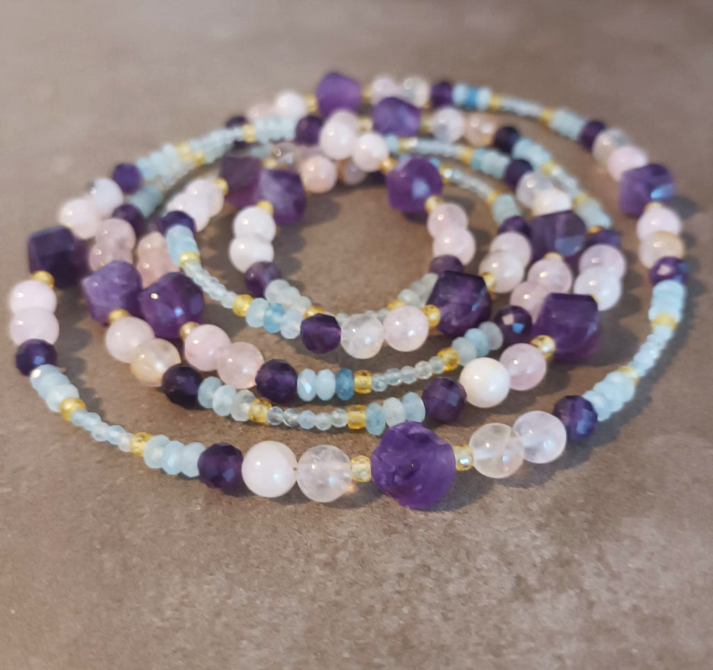 Sautoir "Sérénité Cristalline" - Aigue-marine, Améthyste & Quartz Rose