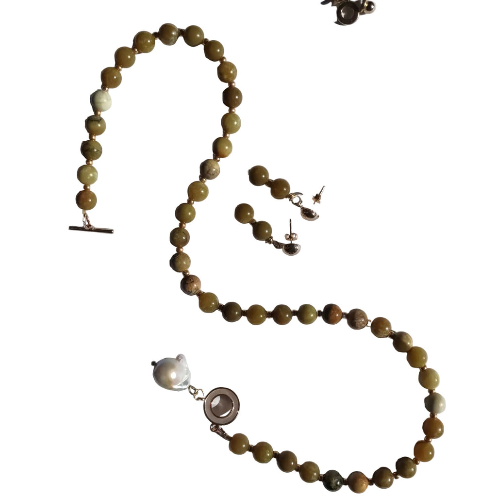 Parure Collier et Boucles d’oreilles - Opale Vertes d'Afrique & Perle Baroque - plaqué Or 18K