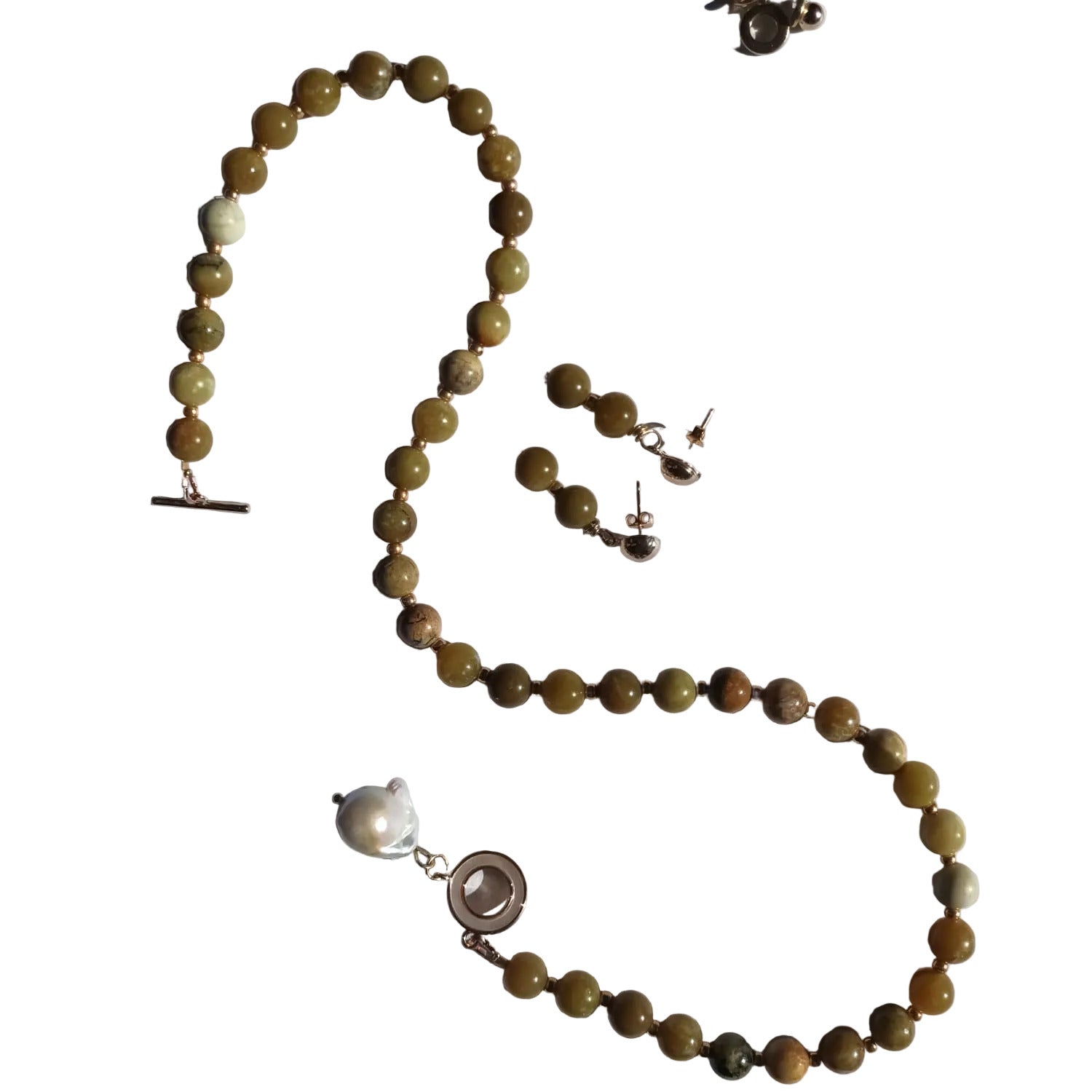 Parure Collier et Boucles d’oreilles - Opale Vertes d'Afrique & Perle Baroque - plaqué Or 18K