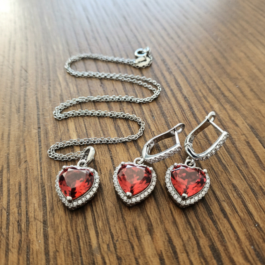 Parure Passion – Cœurs de Zircone Rouge & Argent Sterling 925 Doré