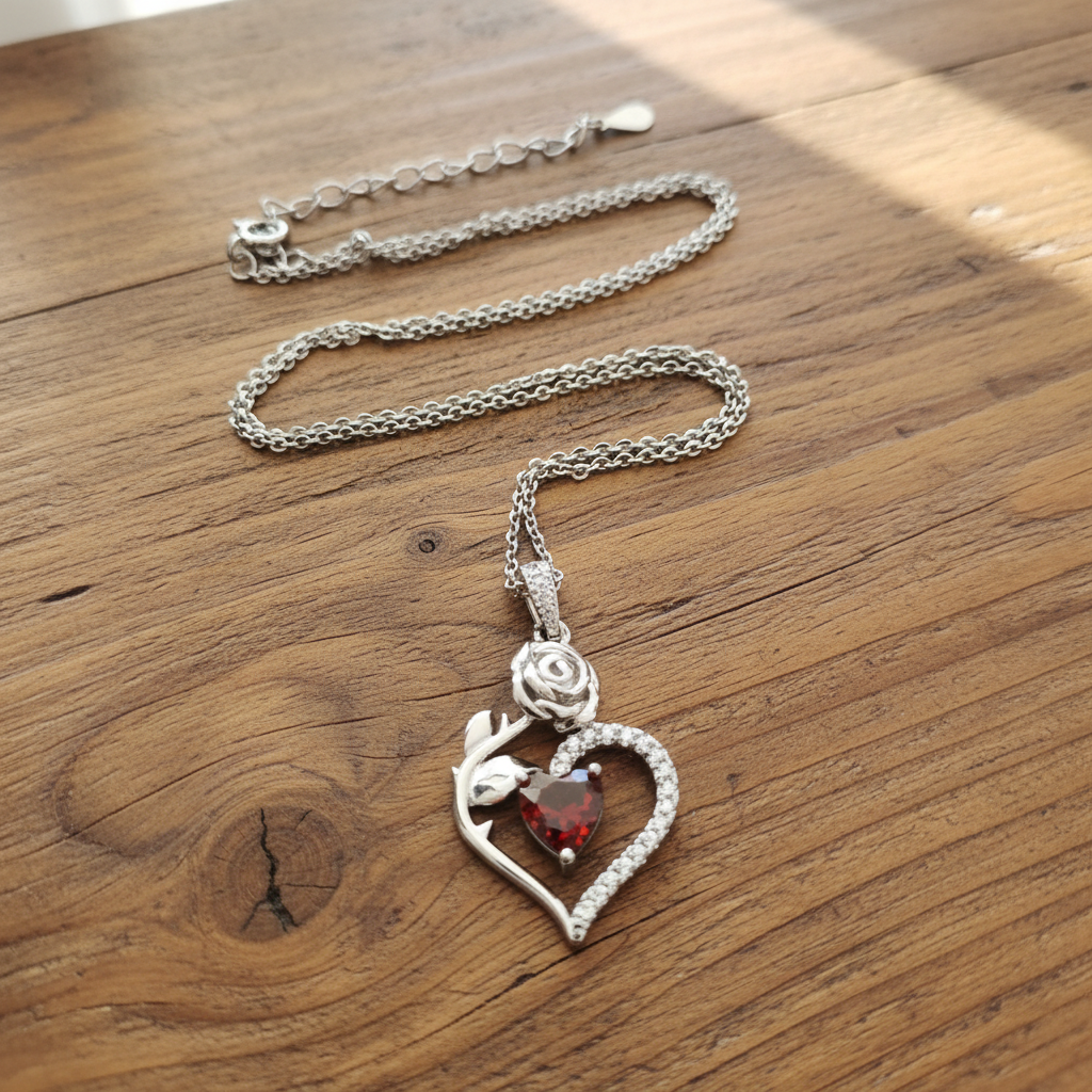 Collier Pendentif Coeur Rouge et Rose Sculptée - Argent Sterling 925