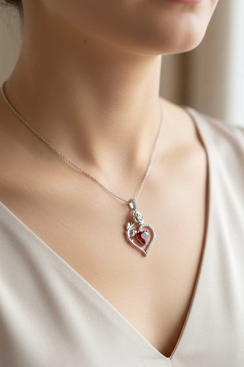 Collier Pendentif Coeur Rouge et Rose Sculptée - Argent Sterling 925