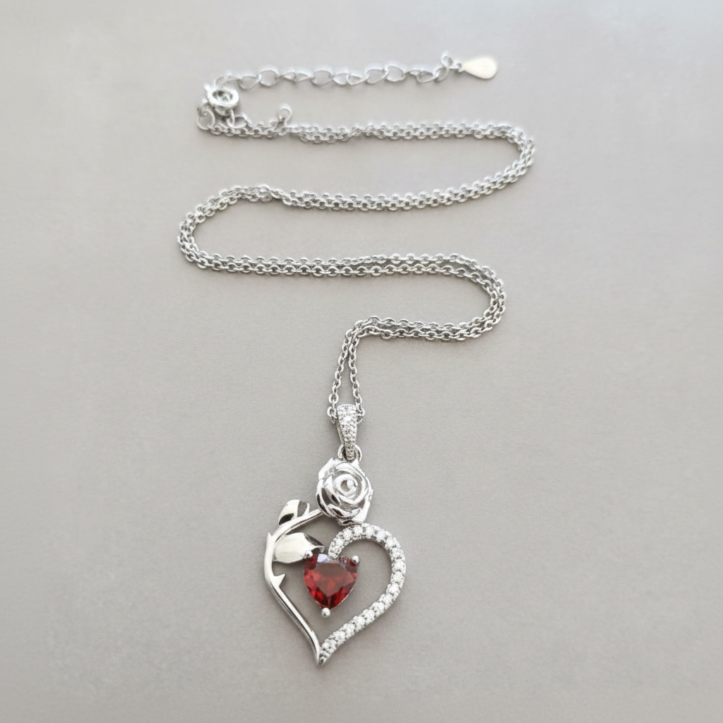 Collier Pendentif Coeur Rouge et Rose Sculptée - Argent Sterling 925