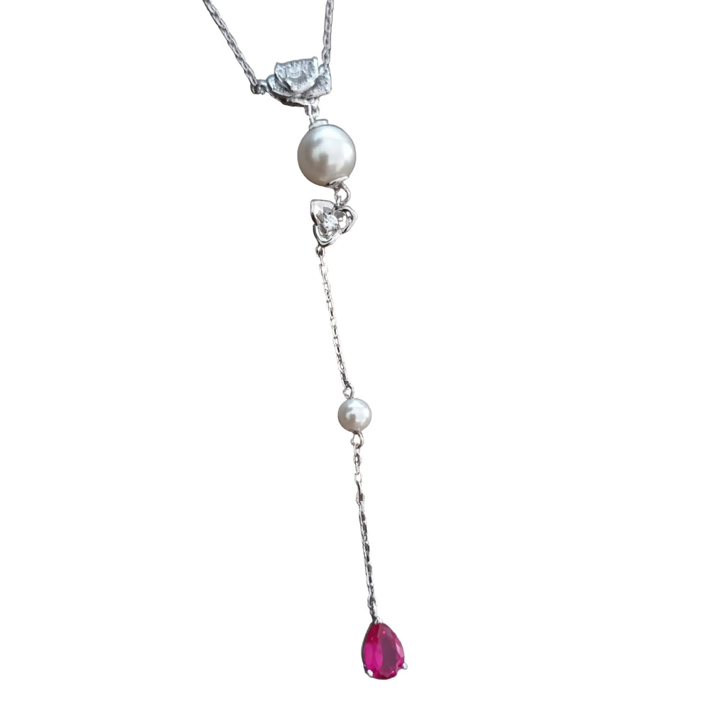 Collier Y en Argent Sterling 925, Nacre Blanche et Goutte de Zircone Rose