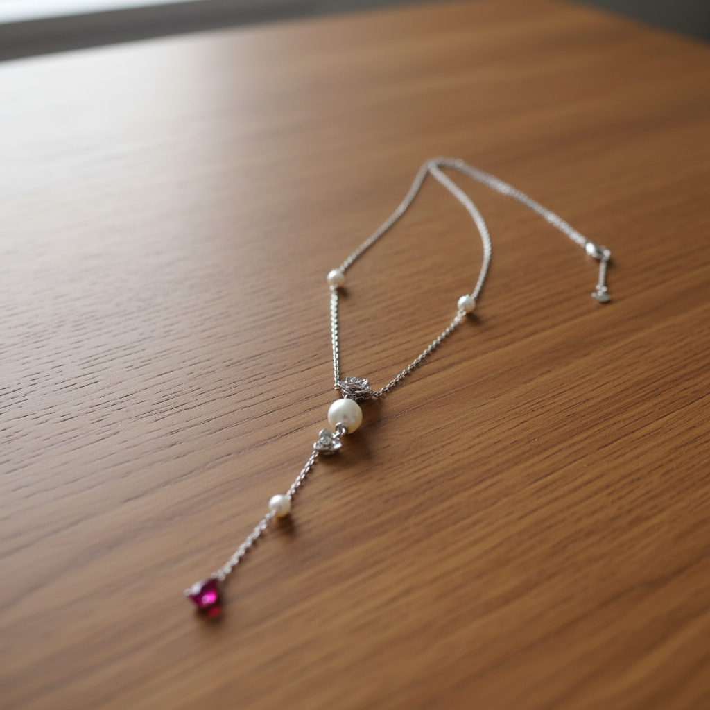 Collier Y en Argent Sterling 925, Nacre Blanche et Goutte de Zircone Rose