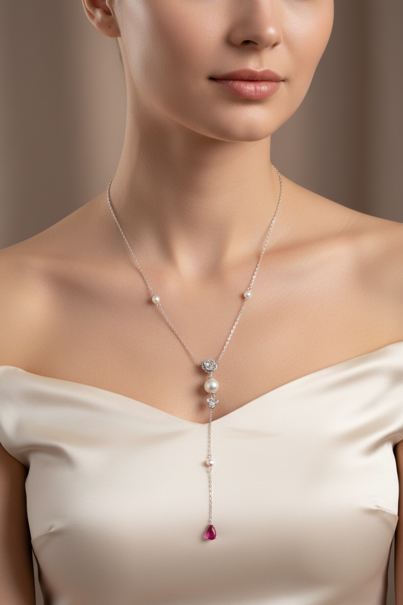 Collier Y en Argent Sterling 925, Nacre Blanche et Goutte de Zircone Rose