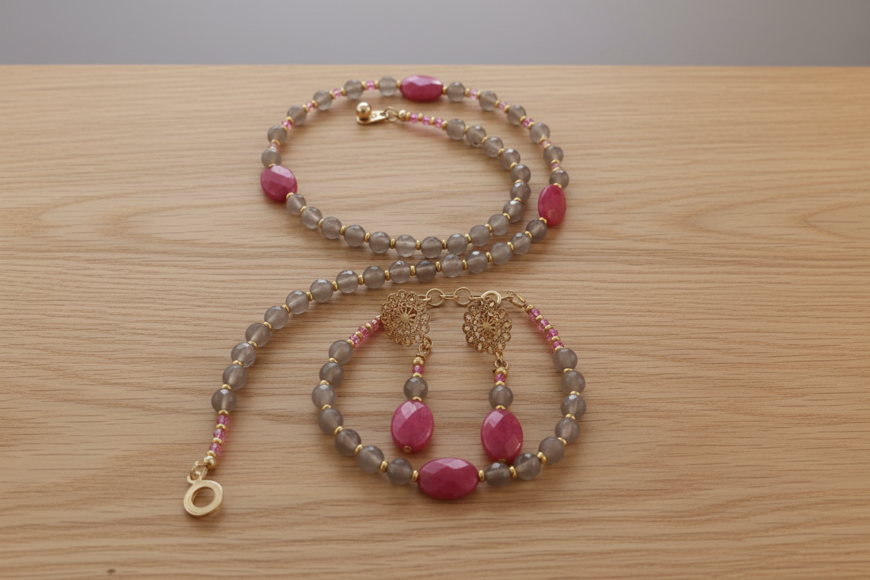 Parure Douceur d'Agate Grise, Jade Rose & Acier Inox Or