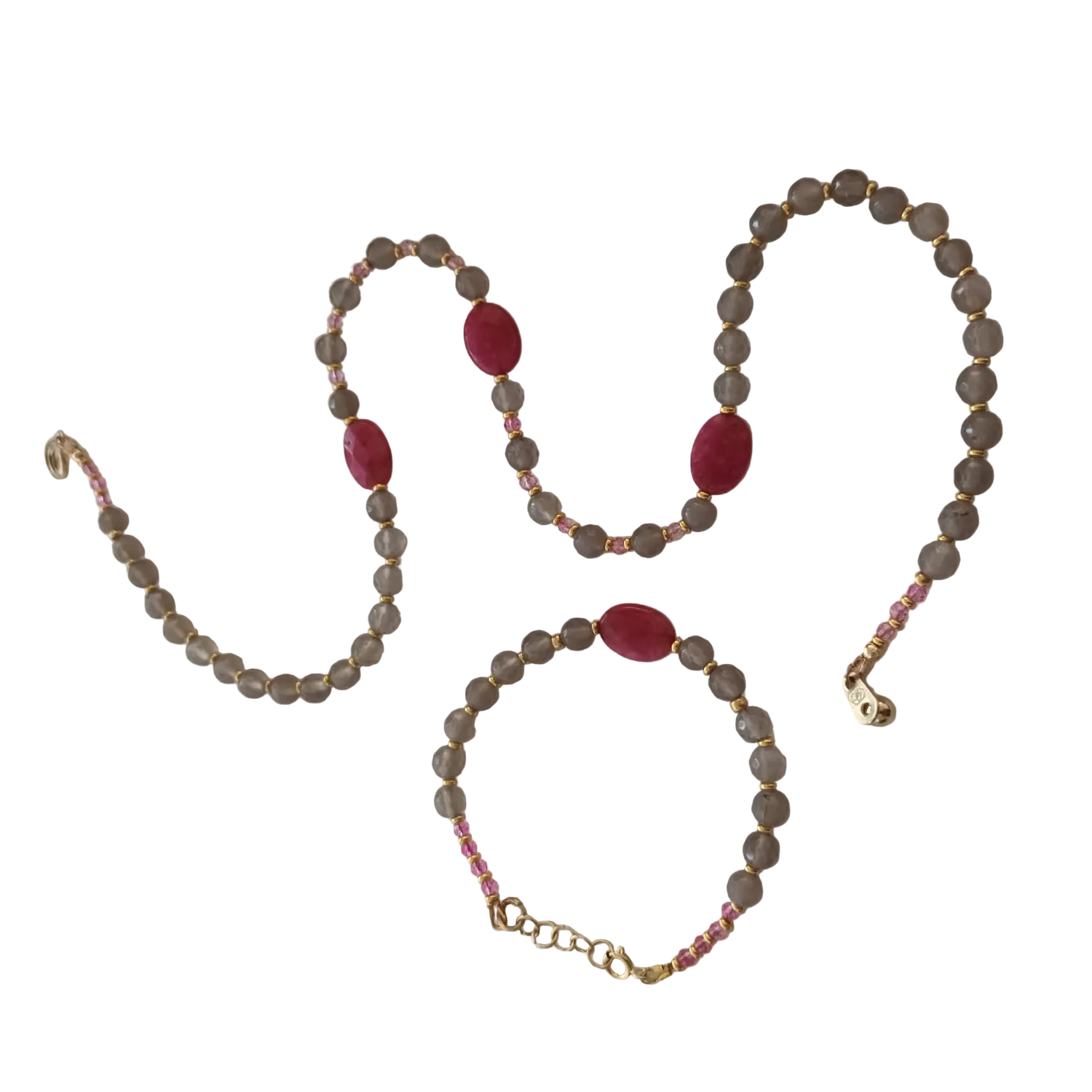 Parure Douceur d'Agate Grise, Jade Rose & Acier Inox Or