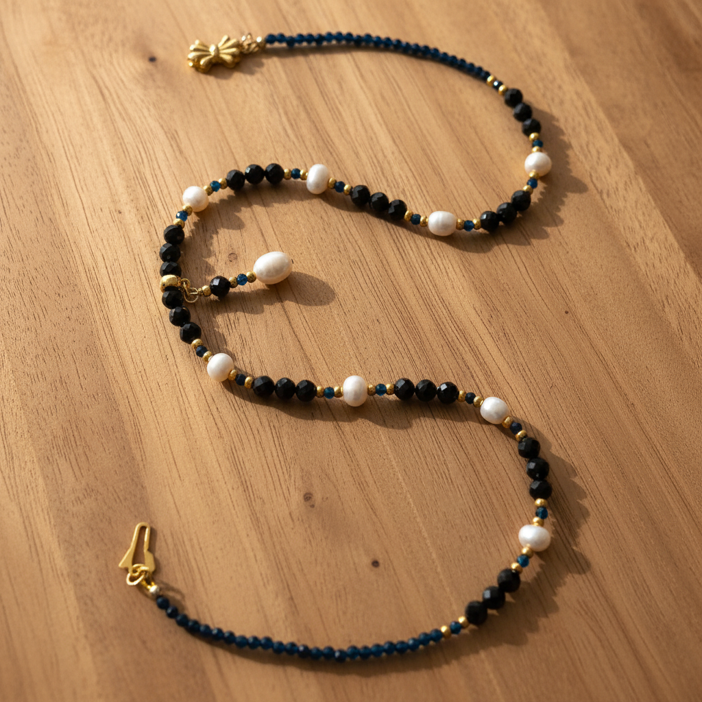 Collier "Équilibre Noir & Blanc" - Perles d'Eau Douce, Spinelle & Laiton Doré