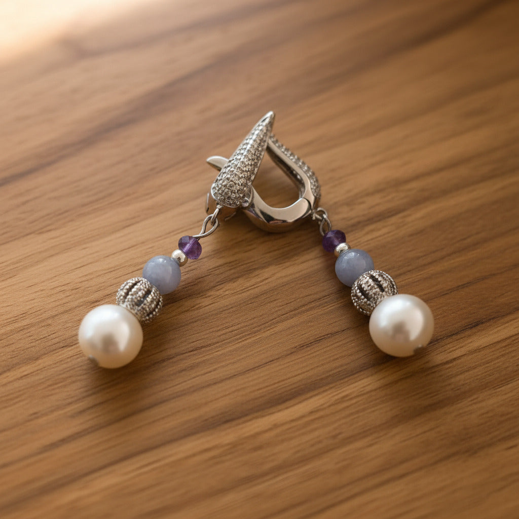 Boucles D'oreilles Pendantes - Perle D'eau Douce & Argent Plaqué