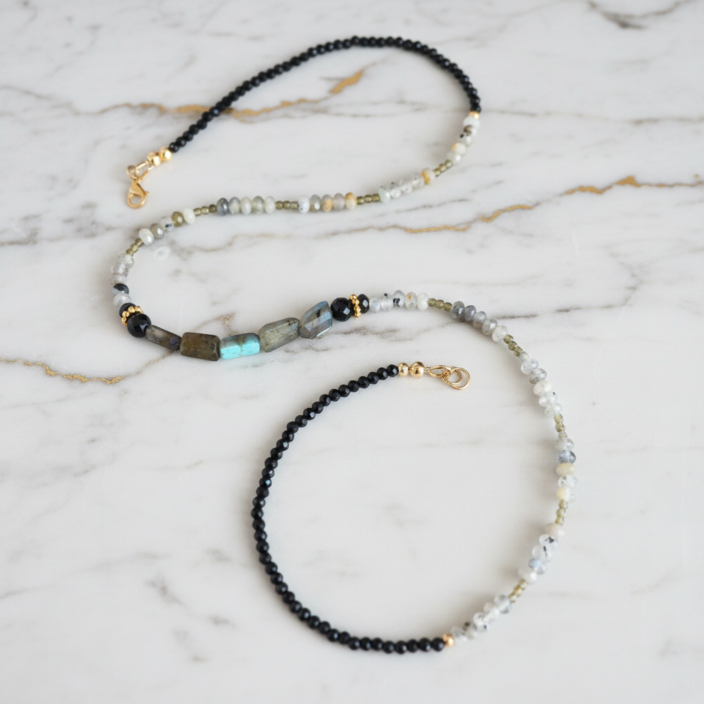"Reflet Boréal" – Labradorite à Flashs, Spinelle & Acier Inoxydable Plaqué