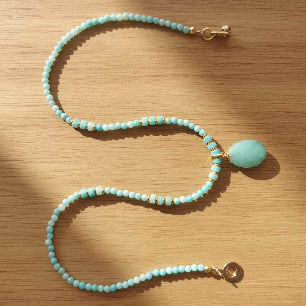 "Azurite Boréale" – Collier Aventurine Facettée & Pendentif – Acier Inox Or