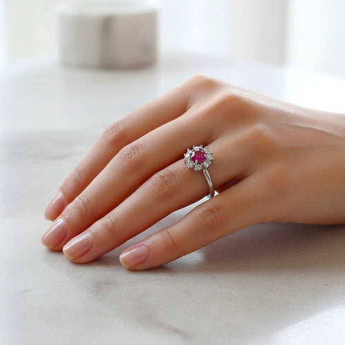 Bague ajustable Rubis & Halo de Zirconium - Argent Rhodié