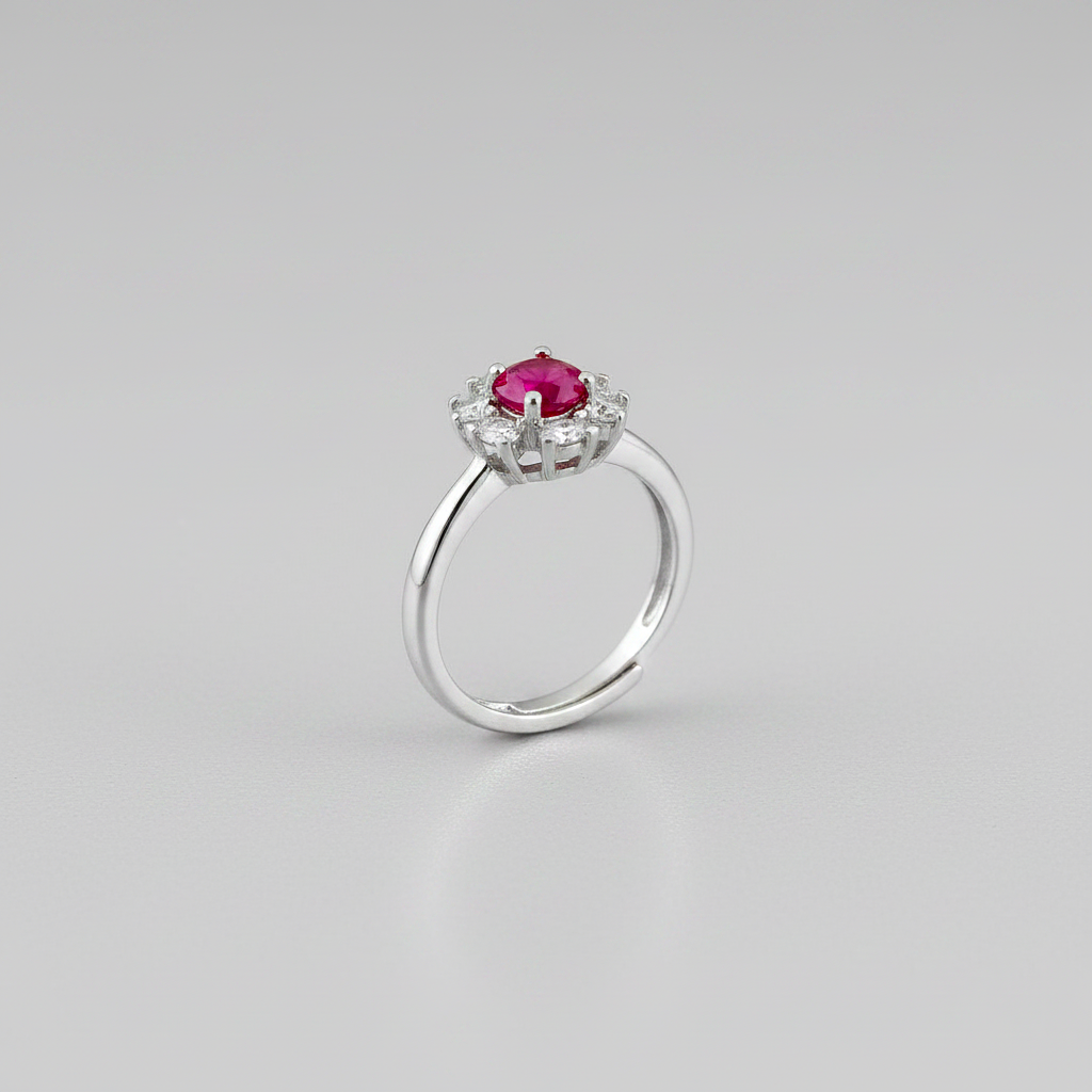 Bague ajustable Rubis & Halo de Zirconium - Argent Rhodié