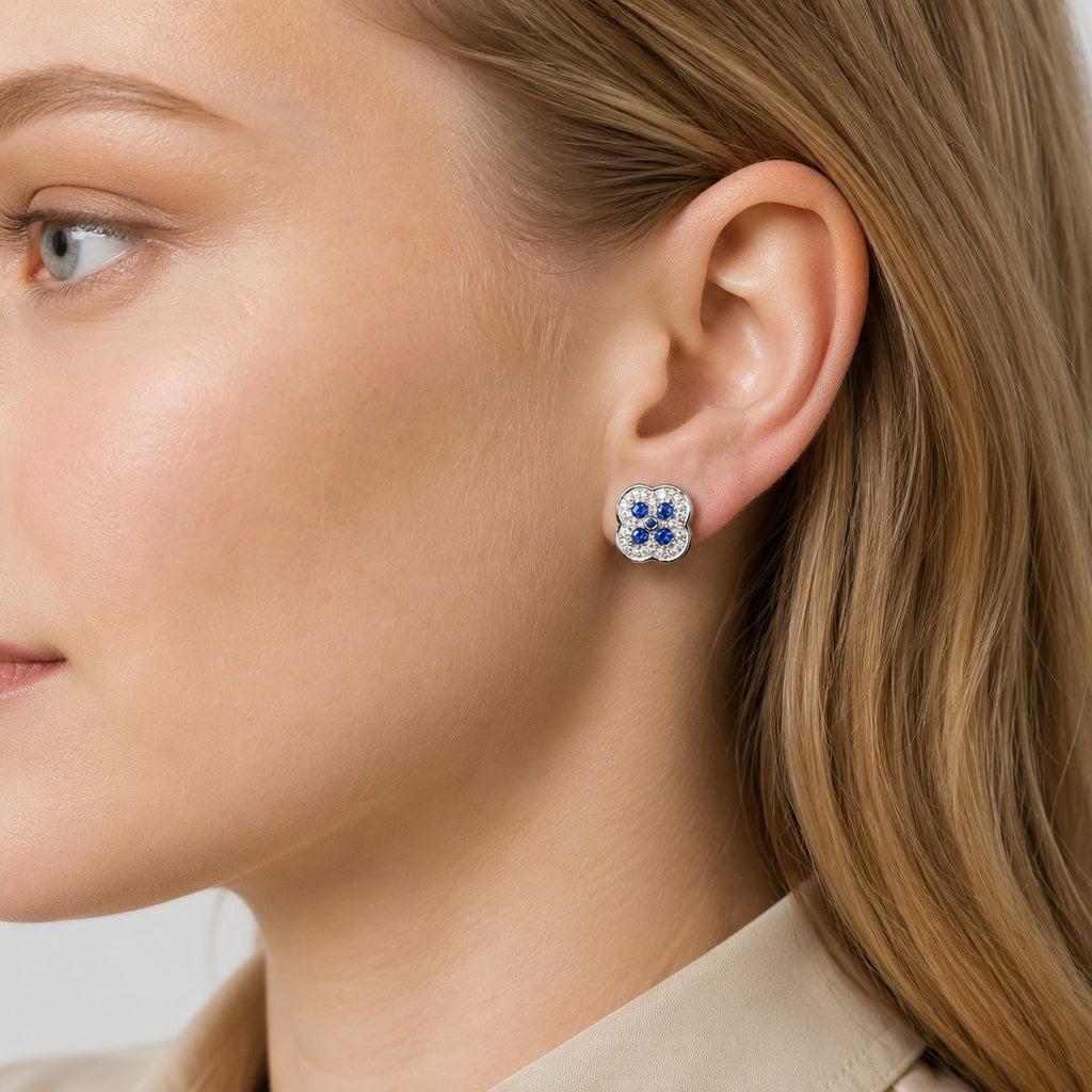 Boucles d'oreilles Saphir Naturel & Halo de Zirconium - Argent Rhodié