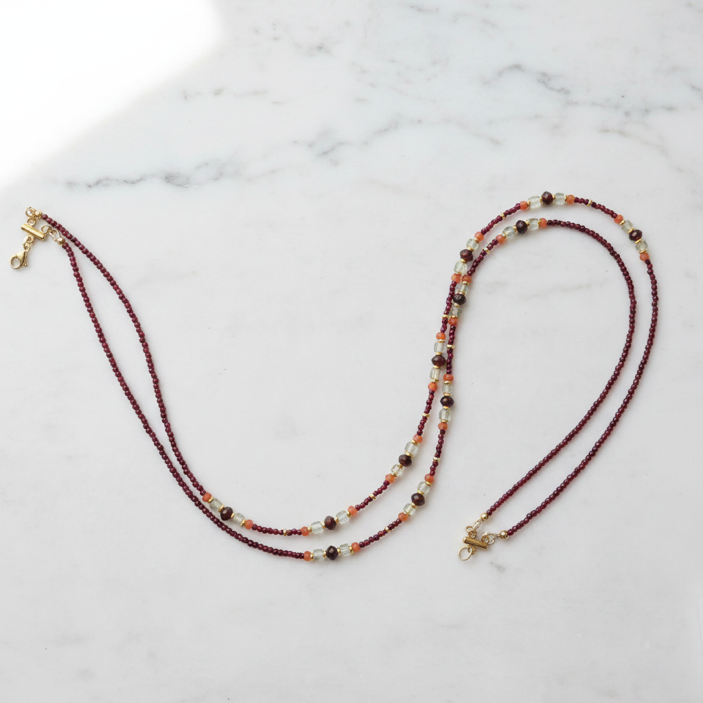 Collier Double Rang Rubis & Pierres Naturelles - Rubis, Fluorite, Grenat & Acier Or