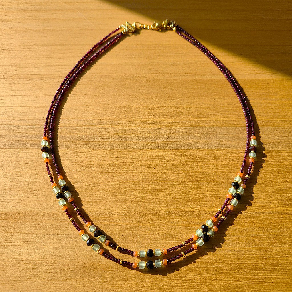 Collier Double Rang Rubis & Pierres Naturelles - Rubis, Fluorite, Grenat & Acier Or