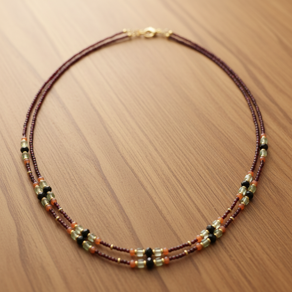 Collier Double Rang Rubis & Pierres Naturelles - Rubis, Fluorite, Grenat & Acier Or
