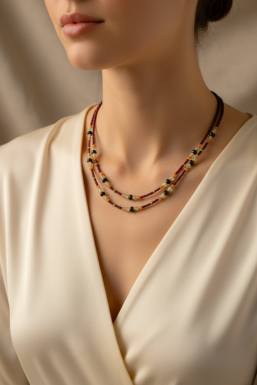 Collier Double Rang Rubis & Pierres Naturelles - Rubis, Fluorite, Grenat & Acier Or