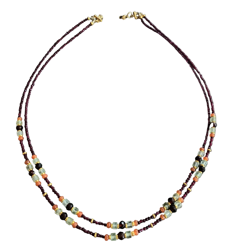 Collier Double Rang Rubis & Pierres Naturelles - Rubis, Fluorite, Grenat & Acier Or