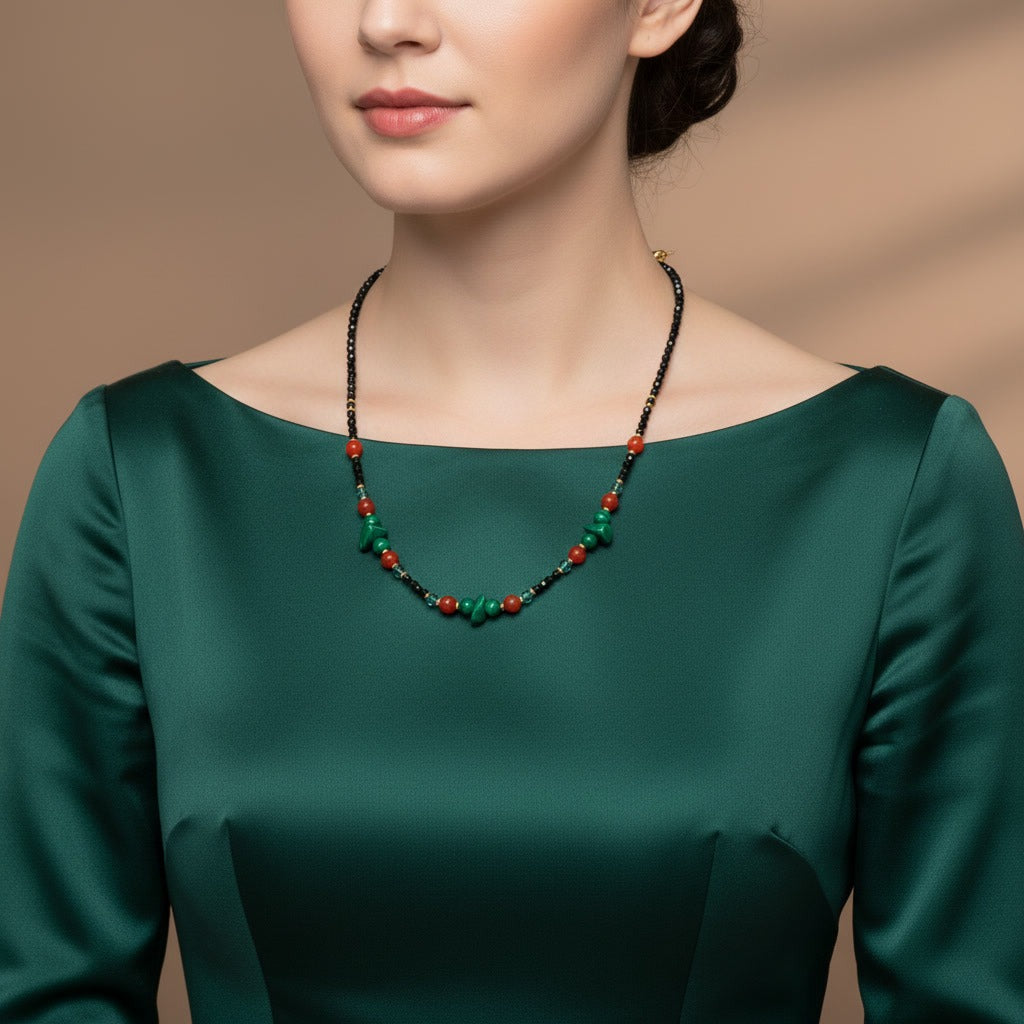 Collier Vibrant - Malachite, Agate Rouge & Spinelle - Laiton Doré