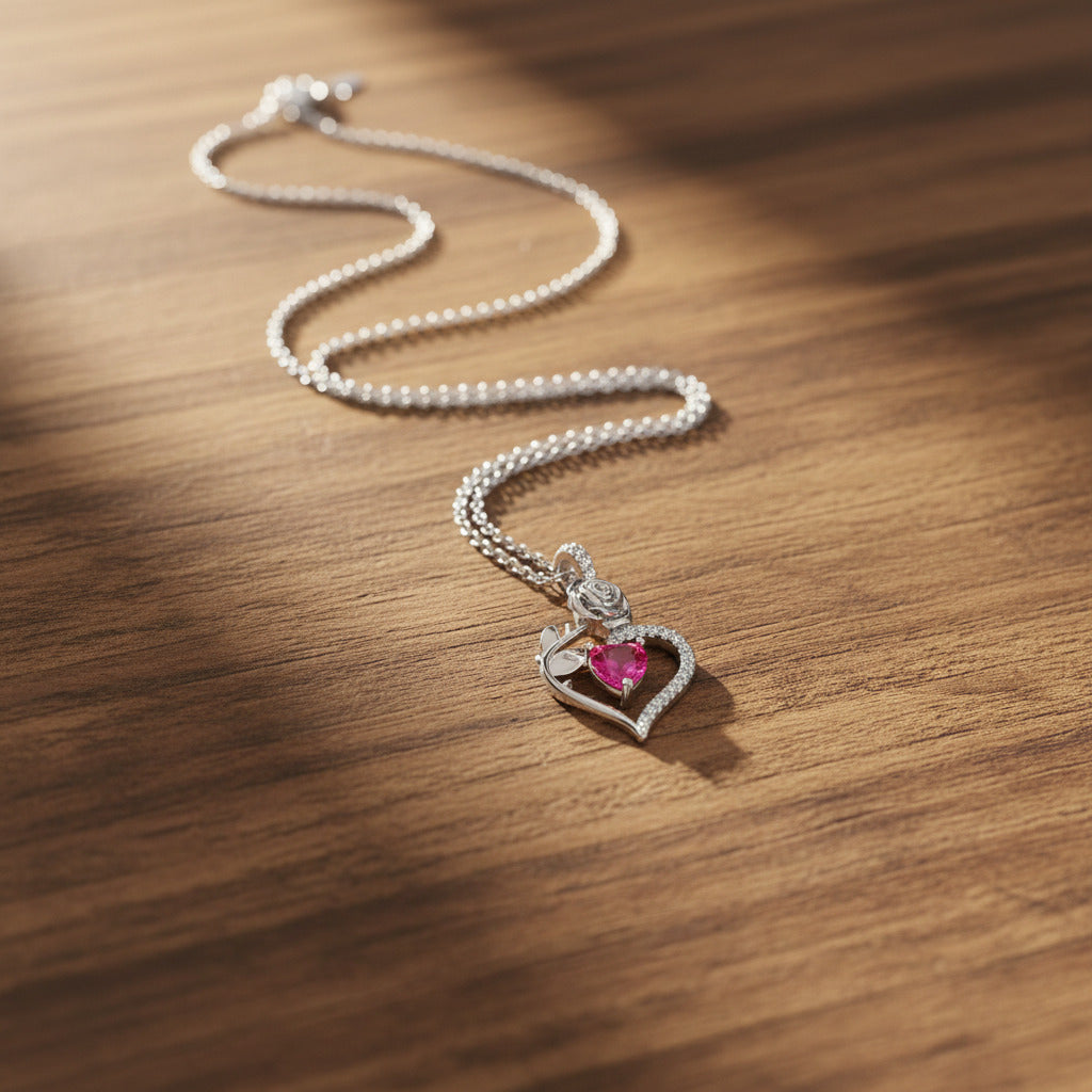 Collier Cœur Vibrant & Rose Sculptée - Argent Sterling 925