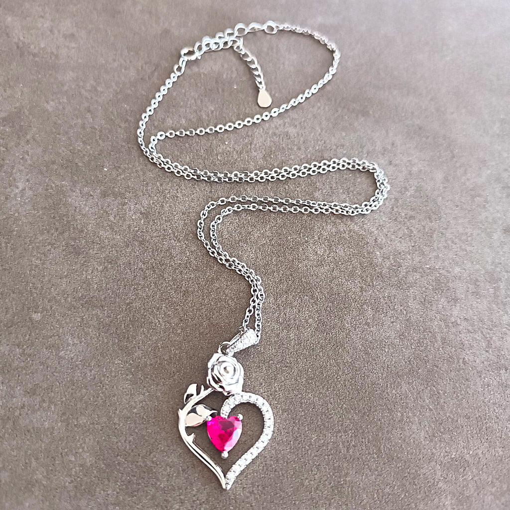 Collier Cœur Vibrant & Rose Sculptée - Argent Sterling 925