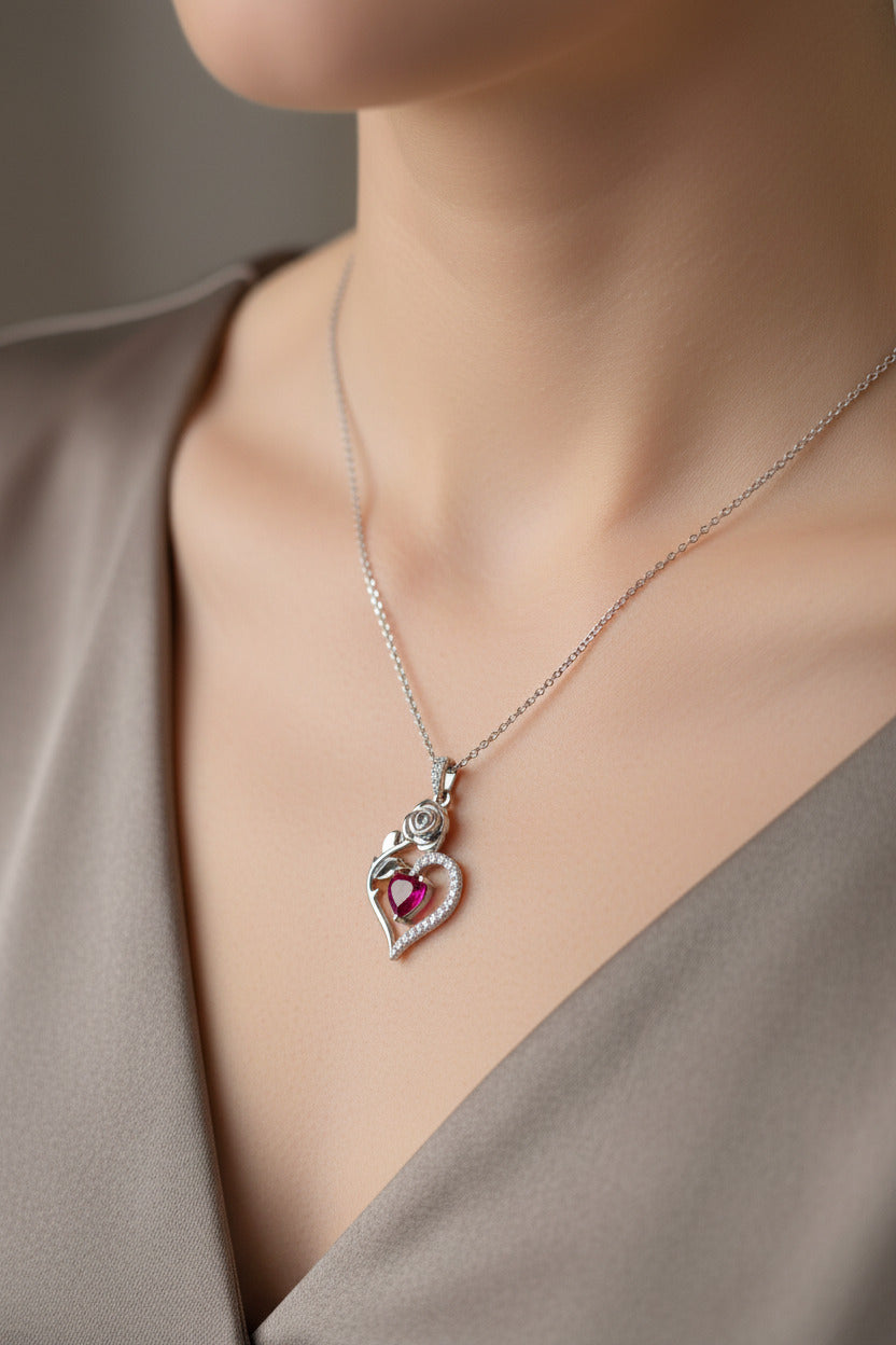 Collier Cœur Vibrant & Rose Sculptée - Argent Sterling 925