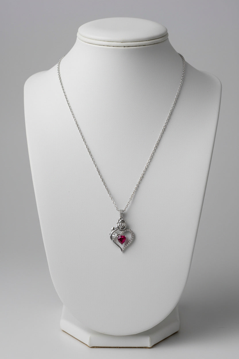 Collier Cœur Vibrant & Rose Sculptée - Argent Sterling 925