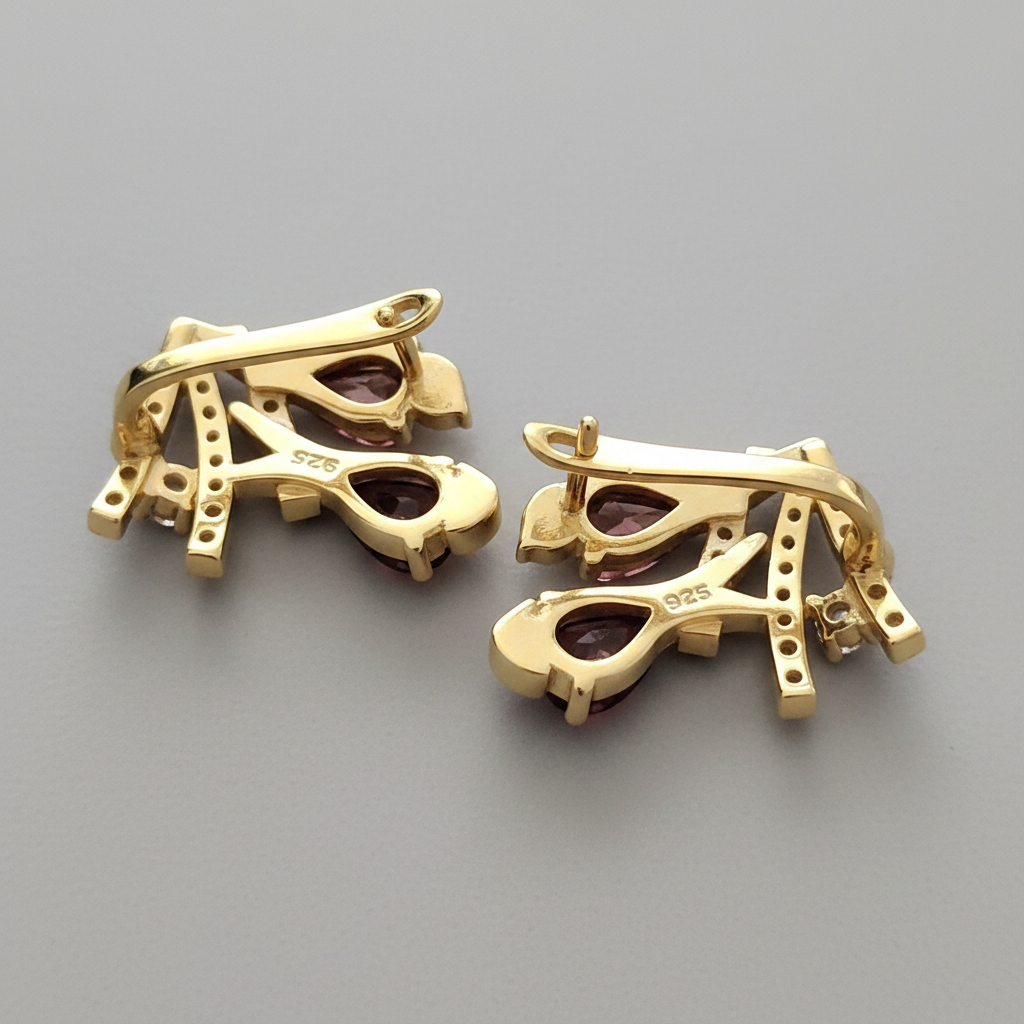Boucles d'Oreilles - Grenat Rhodolite Naturel, Zirconium & Argent 925 Plaqué Or
