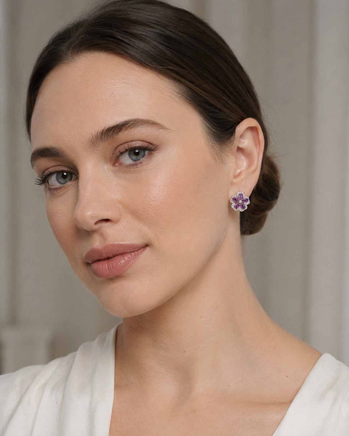 Boucles d'Oreilles Puces avec Améthyste Naturelle et Zirconium en Argent 925 Plaqué Rhodium