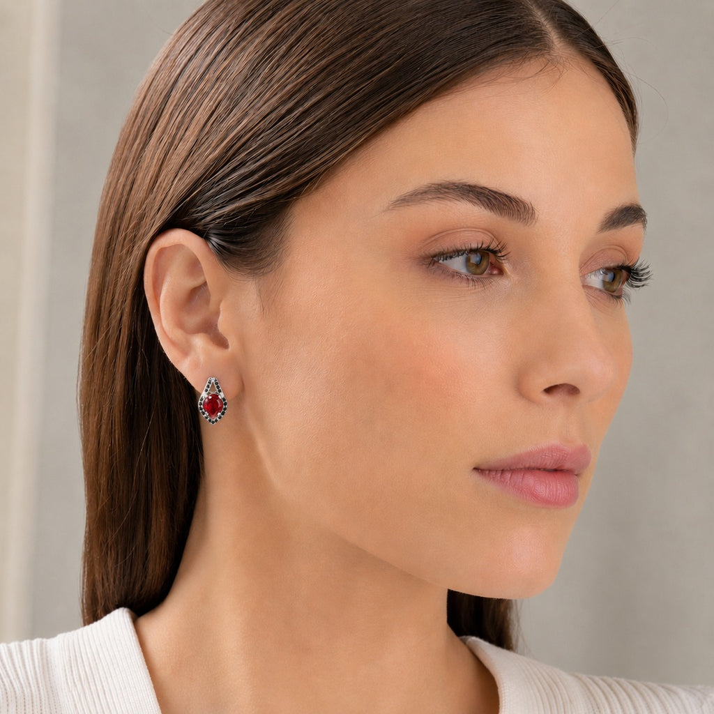 Boucles d'Oreilles - Grenat & Spinelle Naturel & Argent Plaqué Rhodium