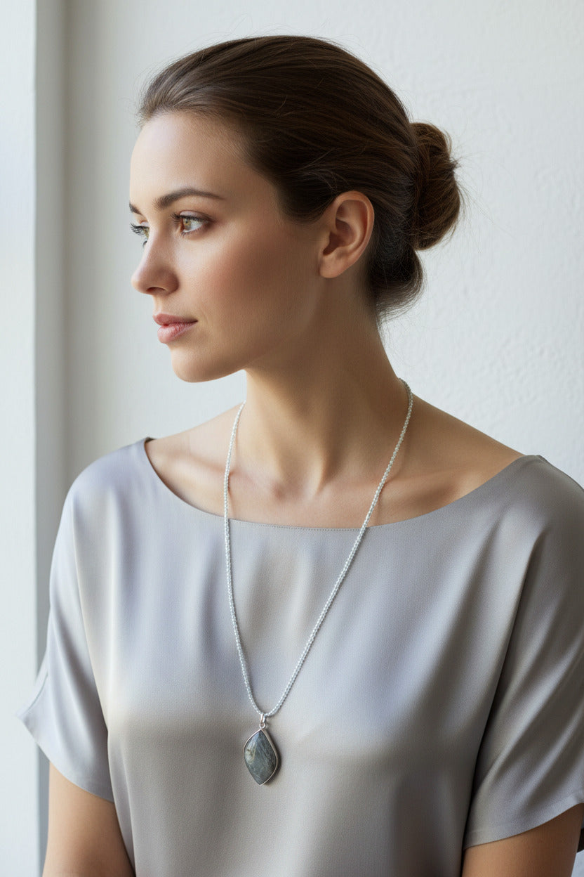 Collier avec Pandantiv Labradorite (60.00 Cts) - Labradorite & Perles Miyuki - Laiton Plaqué Or 18K