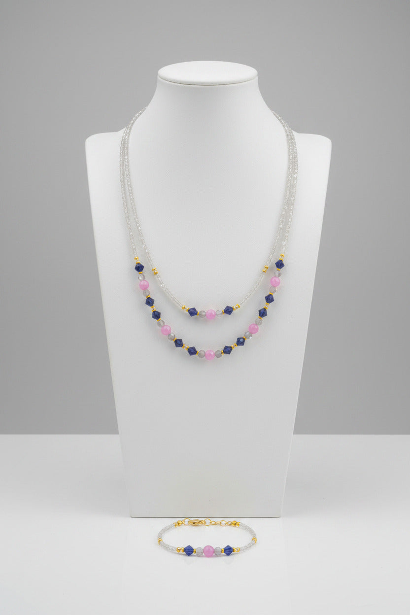 Parure collier deux rangs & bracelet - Kunzite, Labradorite Grade A & Laiton Plaqué or 18K