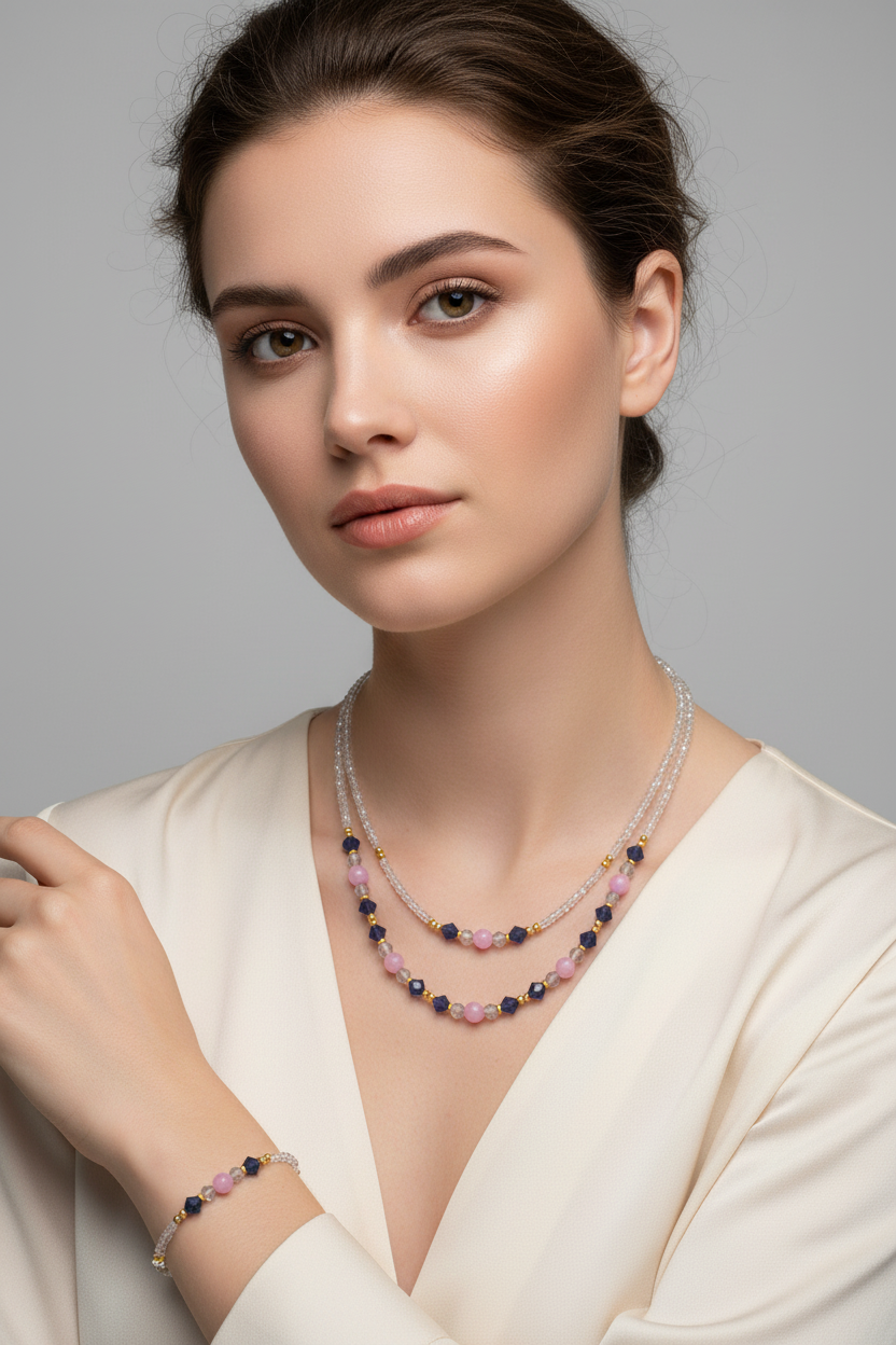 Parure collier deux rangs & bracelet - Kunzite, Labradorite Grade A & Laiton Plaqué or 18K